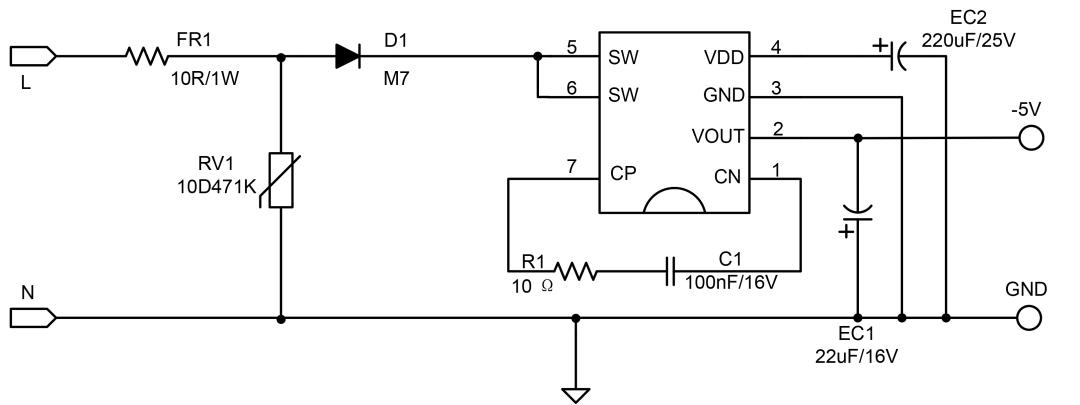 PN8000的AC-DC非隔離-5V20mA方案應用圖